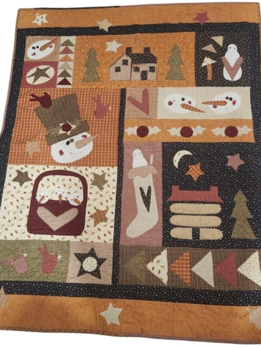 Handmade Quilt Snowman‎ House Tree Autumn Fall Winter Fabric Art Decor farmhouse